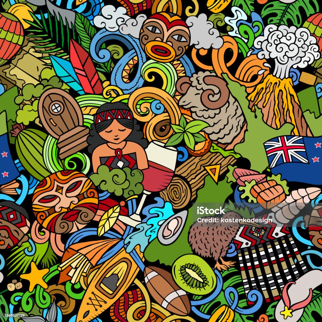 Cartoon Doodles New Zealand Seamless Pattern Stock Illustration - Download  Image Now - Doodle, New Zealand, Polynesia - iStock