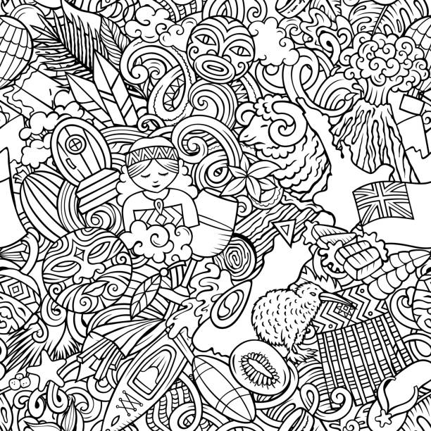 cartoon doodles nowa zelandia bezszwowy wzór. - coloring book coloring book australia stock illustrations