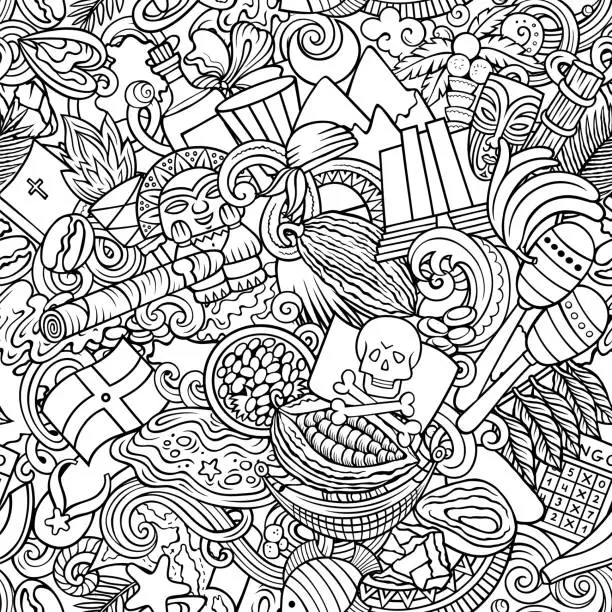 Vector illustration of Cartoon doodles Dominican Republic seamless pattern.