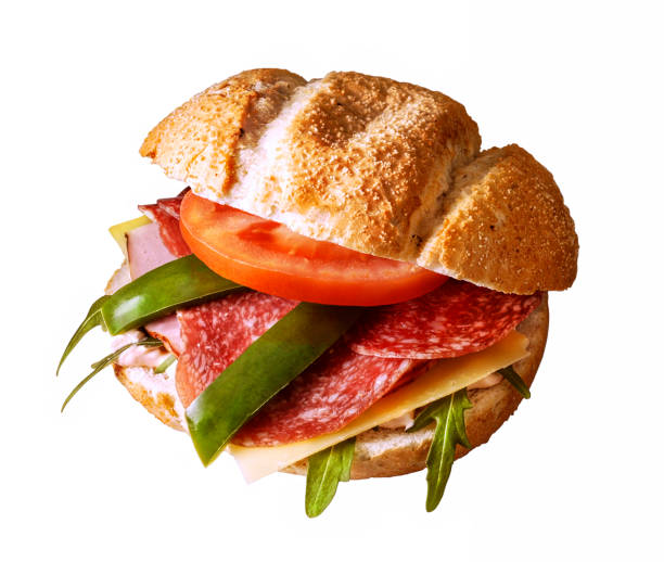 sandwich with cheese peperoni and tomato sandwich with cheese , peperoni and tomato isolated on white def picture photos stock pictures, royalty-free photos & images
