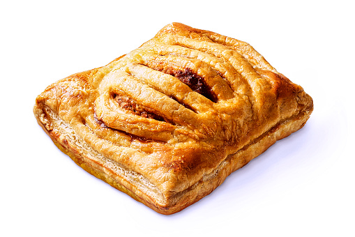 Sausage roll puff pastry snack with meat, isolated on white