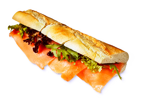 sub sandwich with salmon an lettuce isolated on white