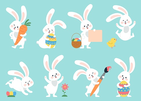 Easter bunny. Modern egg, bunnies for kids standing with placard. Rabbit or hare, spring animal with flower and chick. Cartoon holiday vector character. Illustration of easter rabbit collection