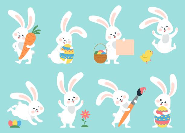 Easter bunny. Modern egg, bunnies for kids standing with placard. Rabbit or hare, spring festive animal with flower and chick. Cartoon holiday decent vector character Easter bunny. Modern egg, bunnies for kids standing with placard. Rabbit or hare, spring animal with flower and chick. Cartoon holiday vector character. Illustration of easter rabbit collection easter bunny stock illustrations