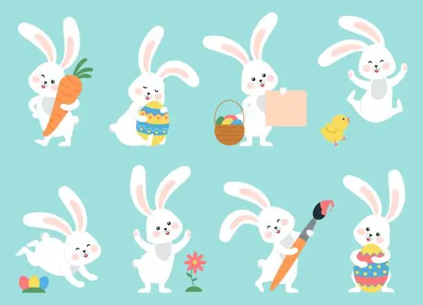 Vector illustration of Easter bunny. Modern egg, bunnies for kids standing with placard. Rabbit or hare, spring festive animal with flower and chick. Cartoon holiday decent vector character