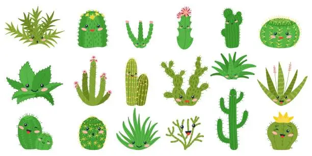 Vector illustration of Cute cactus. Happy cacti with kawaii faces. Isolated plant patches, decorative cartoon stickers for kids. Funny desert succulents decent vector characters