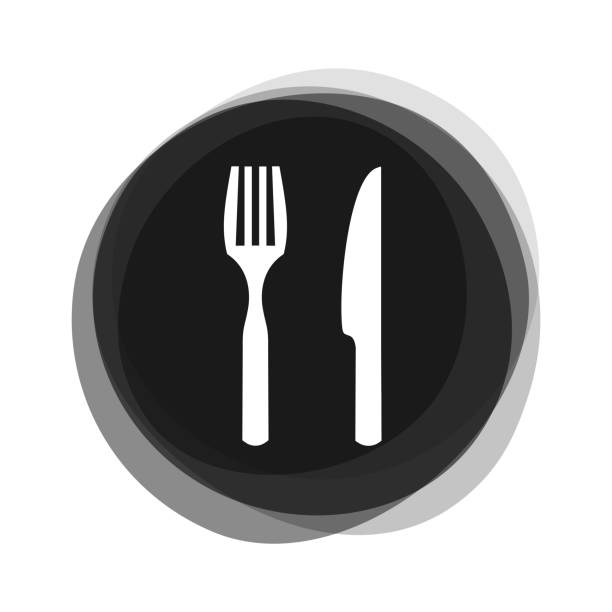Button black grey showing fork and knife - Restaurant Isolated round Button: Fork and knife bestek stock illustrations