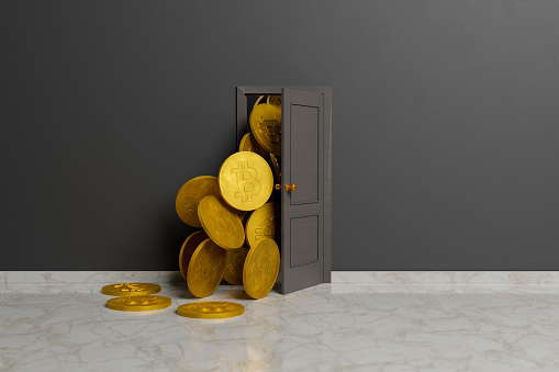 Bitcoins entering through a dark door with black wall and marble floor. concept of mass purchase and adoption of new currency. 3d rendering