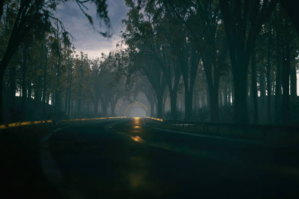 istock Empty misty road in an autumn forest leading to a tunnel. 3D render. 1369534944