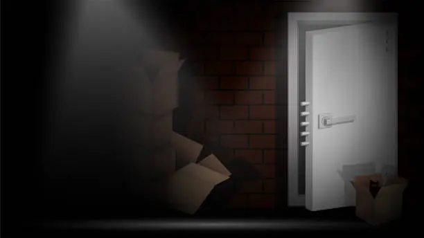 Vector illustration of bright beam illuminates dark alley with secure steel door at the end. Way out of difficult crisis situation. Shelter from the inevitable problems. Crime on streets at night. Realistic vector