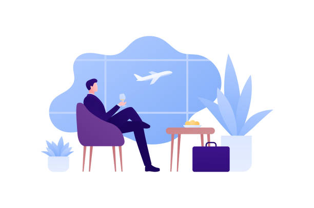 ilustrações de stock, clip art, desenhos animados e ícones de business travel concept. vector flat people illustration. male businessman executive in suit sitting with wine glass and relax in vip departure lounge on airport window with air plane background. - business class