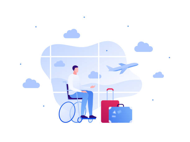 ilustraciones, imágenes clip art, dibujos animados e iconos de stock de turismo para personas con discapacidad y concepto de viaje en avión. ilustración vectorial de caracteres planos. hombre en silla de ruedas esperando en la zona de salida con equipaje en la ventana del aeropuerto con fondo de avión. - commercial airplane airport arrival departure board business travel