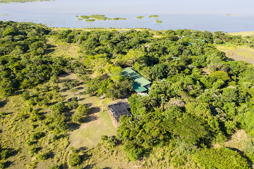 Aerial view for a Lodge on the banks of Lake St. Lucia iSimangaliso Wetland Park. Provinz KwaZulu Natal, South Africa.
