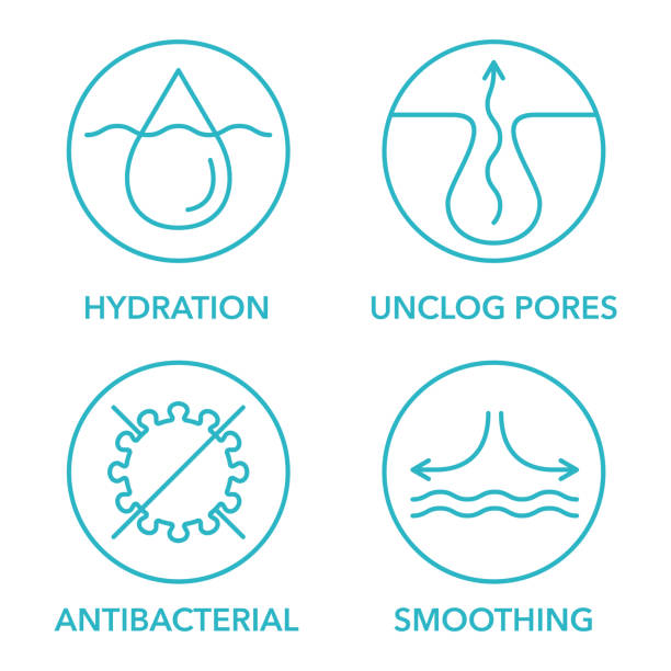 Facial acne cleanser icons set Properties of facial acne cleanser - hydration, unclog pores, anti-bacterial, skin smoothing. Icons set in thin line lactic acid stock illustrations
