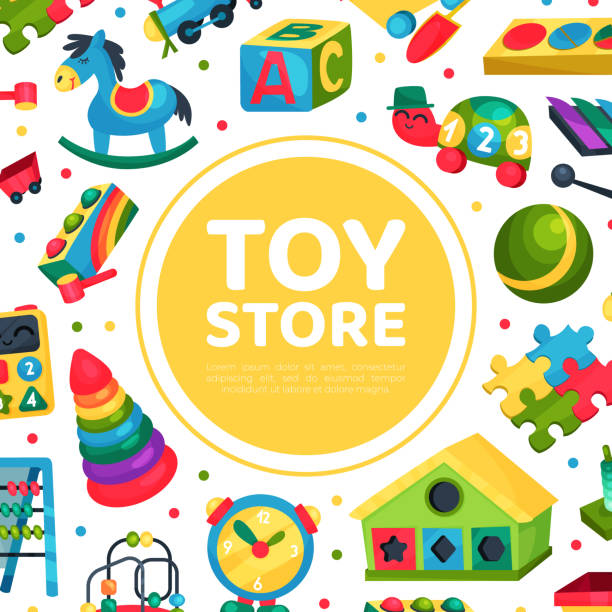магазин игрушек квадратный дизайн карты с красочной игрушкой векторный шаблон - plaything stock illustrations