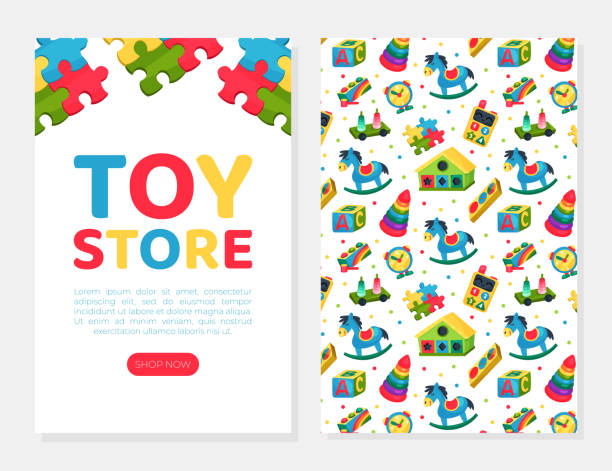 дизайн карты магазина игрушек с красочным векторным шаблоном игрушки - plaything stock illustrations