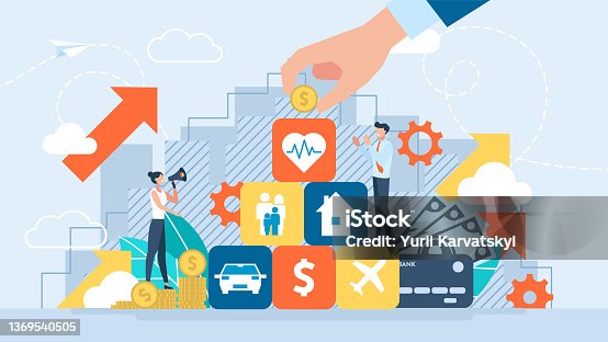 istock Investment in security, reliability, stability. Investing money. Insurance and Assurance. Protection of values. Broker agent. Family protection care. Flat design. Vector business illustration set. 1369540505