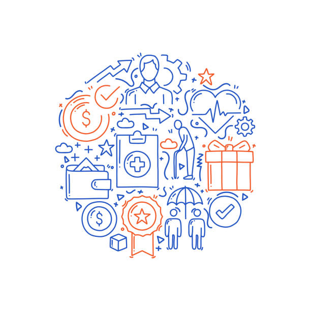 stockillustraties, clipart, cartoons en iconen met employee benefits related objects and elements. hand drawn vector doodle illustration collection. hand drawn pattern design - loon arbeidsvoorwaarden