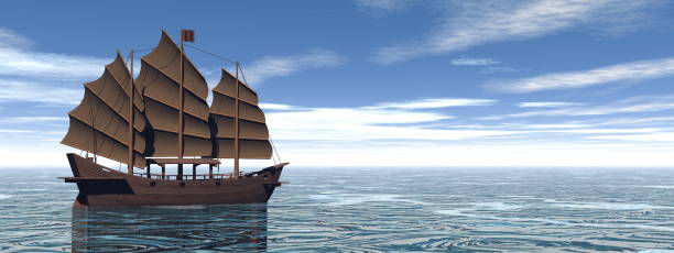 Brown oriental junk floating on water by beautiful day - 3D render
