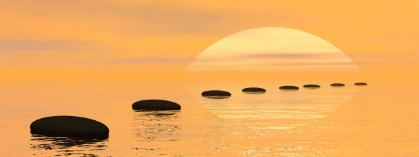 istock Zen path of black stones by sunset - 3D render 1369543355