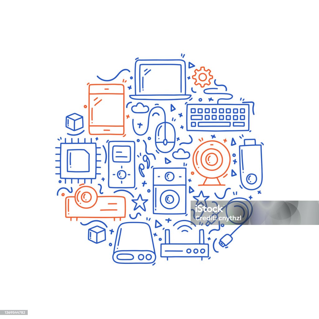 Computer Related Objects Graphics Computer And Devices Related Objects And Elements Hand Drawn Vector ...