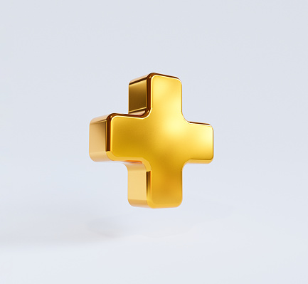 Aislar el signo golden plus sobre fondo blanco para una mentalidad de pensamiento positivo del beneficio de desarrollo personal y el concepto de seguro de salud mediante representación 3D. photo