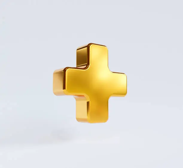 Isolate of Golden plus sign on white background for positive thinking mindset of personal development benefit and health insurance concept by 3d rendering.