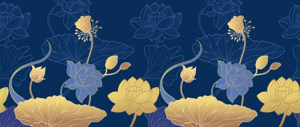 linie goldener blumenhintergrund. kunst verzierte pflanzen, goldene exotische asiatische blumen nahtloses muster. luxus blatt und lotus, blau orientalisch stilvoll nowaday vektor banner - gold leaf backgrounds gold ornate stock-grafiken, -clipart, -cartoons und -symbole