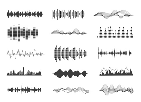 Sound waves. Musical sounds, black wave tracks. Music impulse waveform icons. Voice radio audio track. Exact signal amplitude vector collection. Sound audio music