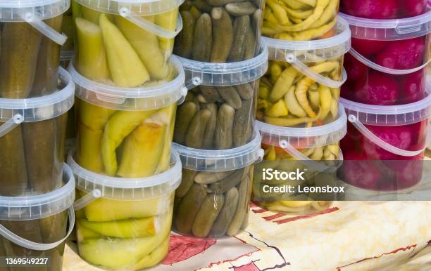 Pickled Vegetables At A Farmers Market Stock Photo - Download Image Now - Bucket, Plastic, Austria