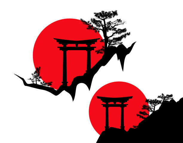 vector silhouette background of japanese torii gate on rocky pine cliff with red rising sun traditional japanese torii gate entrance to shinto shrine on pine tree covered rock cliff and red rising sun - stylized asian landscape vector silhouette scene shinto stock illustrations