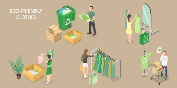 3D Isometric Flat Vector Conceptual Illustration of Eco-friendly Clothes 3D Isometric Flat Vector Conceptual Illustration of Eco-friendly Clothes, Sustainable Fashion, Ethical Clothing Production sustainable fashion stock illustrations