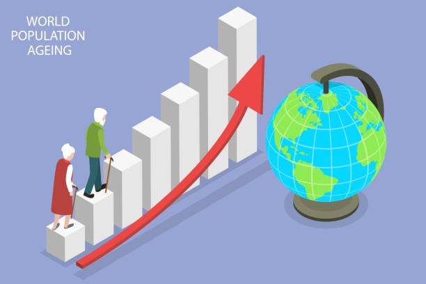 3d izometryczny płaski wektor koncepcyjna ilustracja starzenia się ludności na świecie - inverse stock illustrations