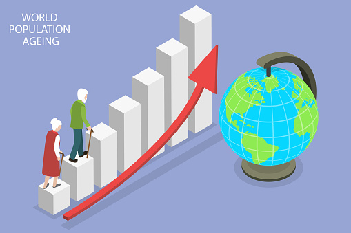 3D Isometric Flat Vector Conceptual Illustration of World Population Ageing, Social Problem of Old Society