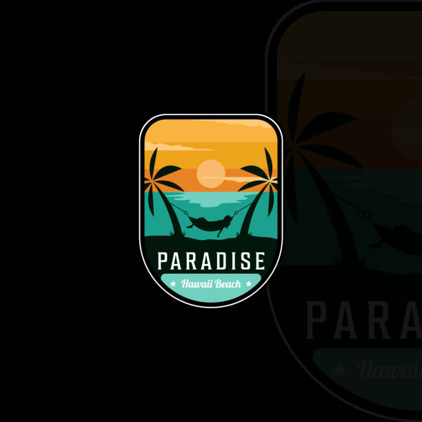 beach or paradise with hammock emblem  modern vintage vector illustration template icon graphic design. palm or coconut tree at the outdoors sign or symbol for travel adventure