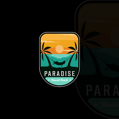 beach or paradise with hammock emblem  modern vintage vector illustration template icon graphic design. palm or coconut tree at the outdoors sign or symbol for travel adventure