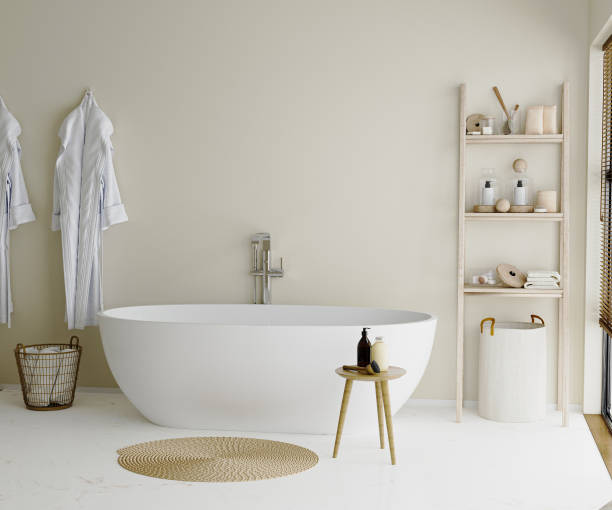 istock bathroom interior with bathtub in japandi style, 3d rendering 1369553337