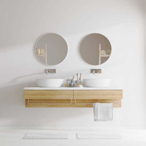 istock bathroom interior with round mirror, double sink and light wooden cabinets, 3d rendering 1369553338