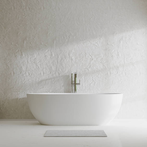 istock Modern contemporary bathroom design with bathtub and decorative concrete wall with sunlight shadow, 3d rendering 1369553345