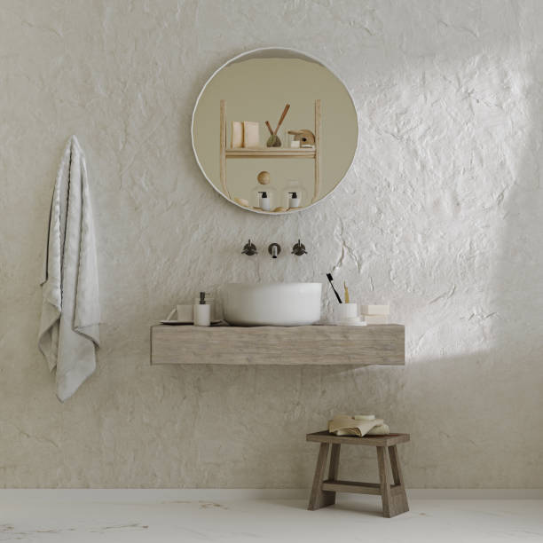 istock sink with mirror on wooden stand with bath accessories, toothbrushes and towel, 3d rendering 1369553346