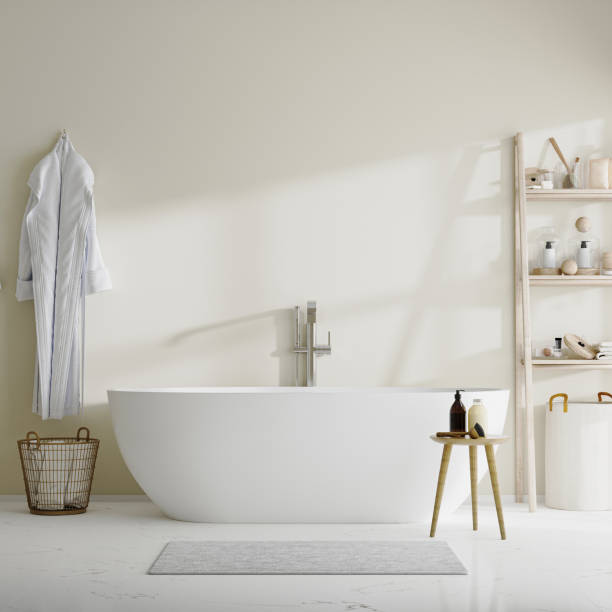 istock bathroom with tub, wooden shelves with bath accesories, bathrobe, 3d rendering 1369553379