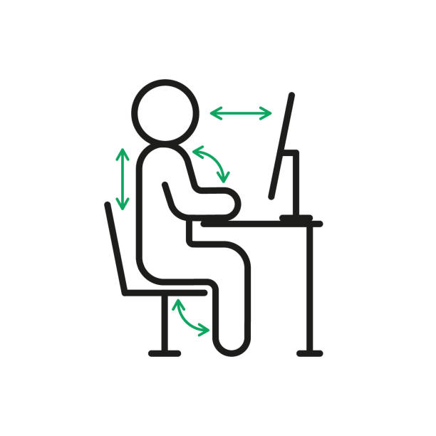 コンピュータ、右人間工学ワークステーションに座っての正しい健康姿勢。健康な背中のための右のポーズの体と机に座っている労働者。正常性作業の位置ルール。ベクトル記号線の図 - outline desk computer office点のイラスト素材／クリップアート素材／マンガ素材／アイコン素材