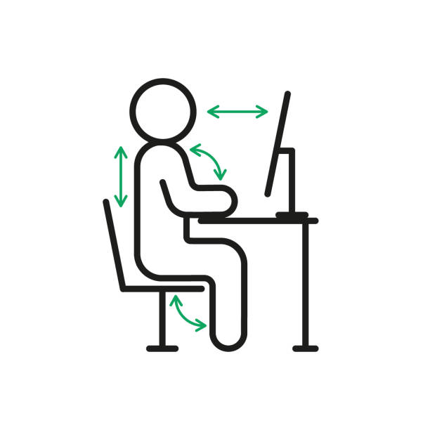 Correct health posture of sitting on computer, right ergonomic workstation. Worker sitting at desk with right pose body for healthy back. Health work position rule. Vector sign line illustration Correct health posture of sitting on computer, right ergonomic workstation. Worker sitting at desk with right pose body for healthy back. Health work position rule. Vector line illustration ergonomics stock illustrations