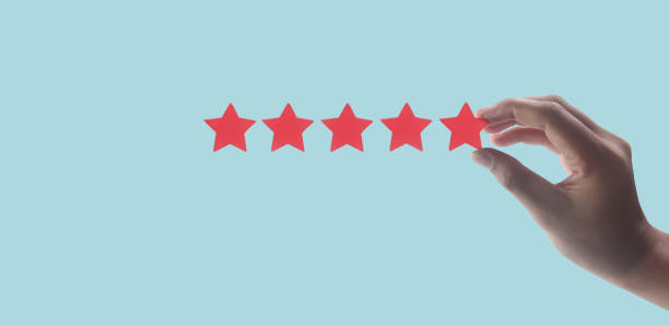 istock Hand of touching rise on increasing five stars. Increase rating evaluation 1369554869