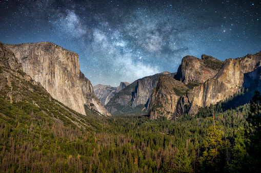 Yosemite National Park Valley from Tunnel View at night with the miky way in the sky