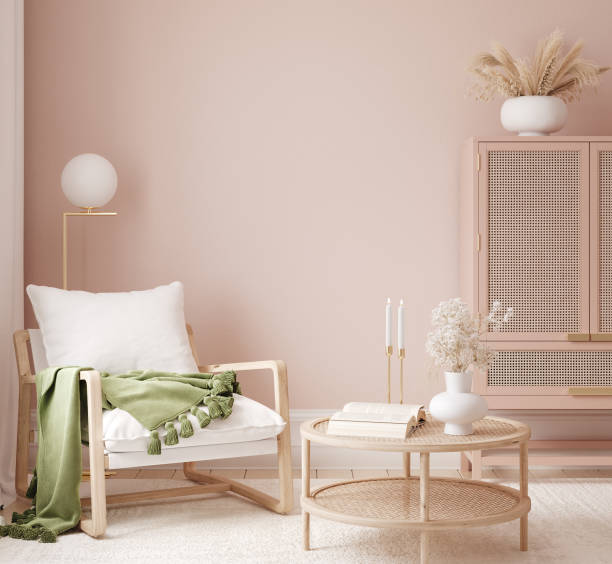 istock Home mockup, room in light pastel colors with blank wall, Scandi-Boho style 1369556180