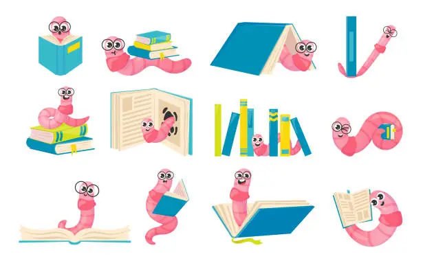 Vector illustration of Cartoon bookworm. Cute worm nerd character with big eyes glasses and book stacks. Learning and education concept. Pink caterpillar reading textbooks. Vector studying earthworms set