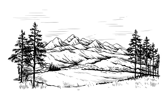 Mountain landscape. Hand drawn sketch with forest and rocky ridges. Black and white scenery. Highlands panorama. Sky horizon. Scenic hills and cliffs. Vector nature outdoor background