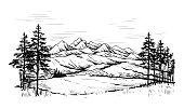 istock Mountain landscape. Hand drawn sketch with forest and rocky ridges. Black and white scenery. Highlands panorama. Sky horizon. Scenic hills and cliffs. Vector nature outdoor background 1369556331