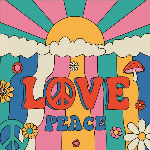 kuvapankkikuvitukset aiheesta hippijuliste. sarjakuva psykedeelinen banneri värikkäillä hippi- ja rauhanmerkeillä. raidallinen abstrakti tausta. kukkia ja aurinkoa. sateenkaaritaivas. retro 60- tai 70-luvun kyltti. vektorin kuva - hippie